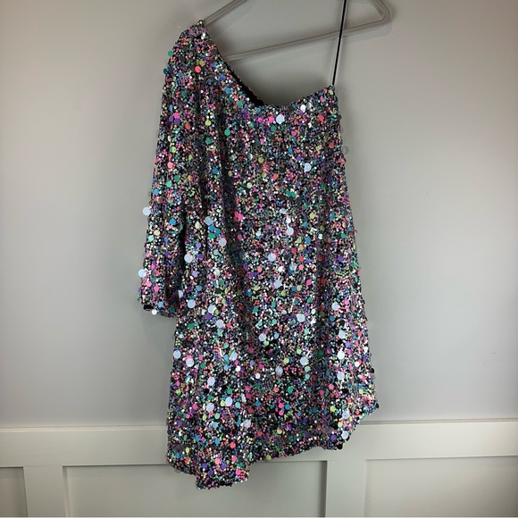 Stella Nova Anthropologie Neon Pastel Sequin Ajo Lou One Shoulder Mini Dress 10 - Picture 3 of 7